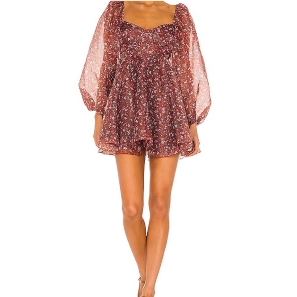 Selkie Floral Long Sleeve Mini Dress in Rust Red